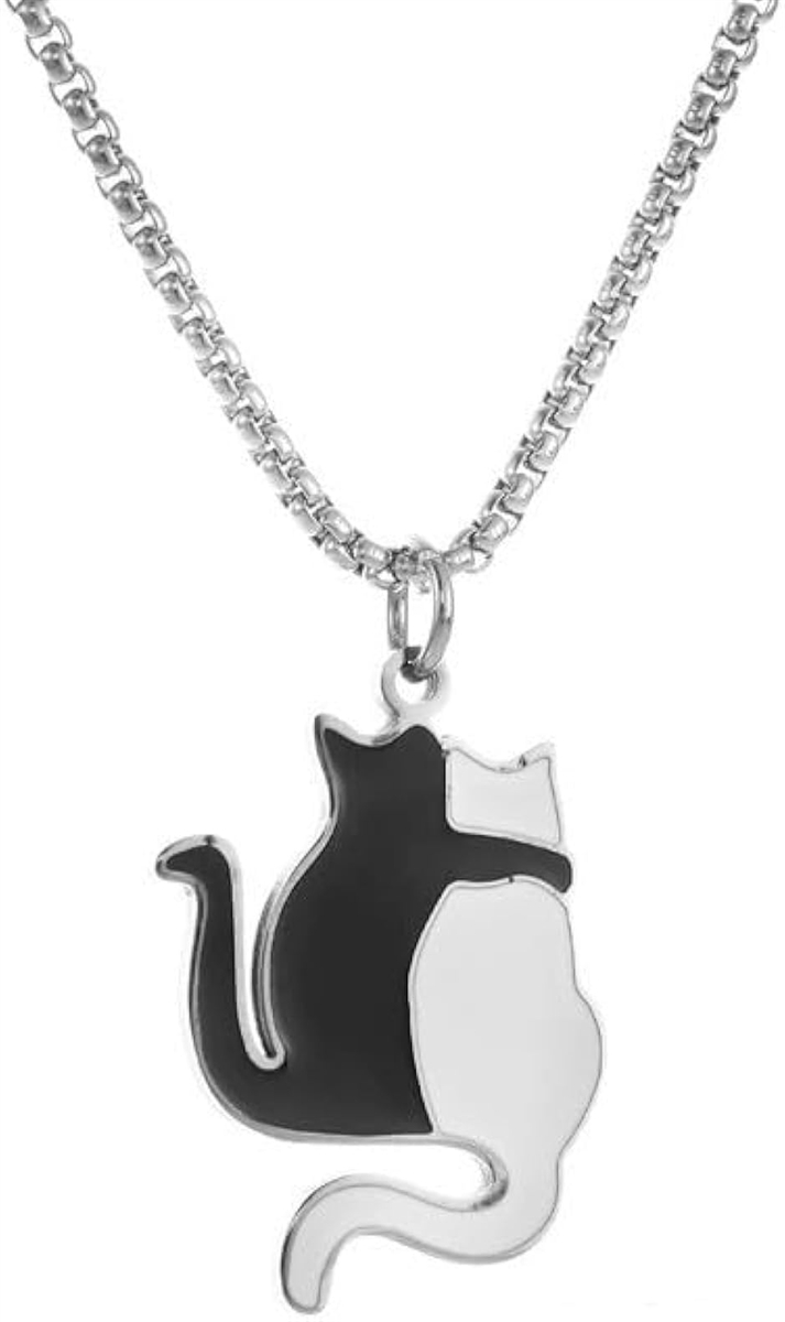 ネックレス 猫の後ろ姿 ネコ 黒白 かわいい ペット アクセサリー ペア お揃い ステンレス (ホワイト|ブラック,  中)