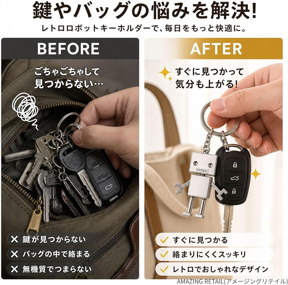 レトロ ロボット キーホルダー メタル 可動 フィギュア 亜鉛合金 二重