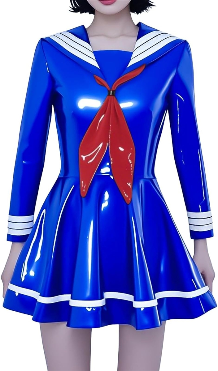 エナメルセーラーワンピース 制服 光沢 セクシー コスプレ コスチューム レディース (ブルー, 3XL)