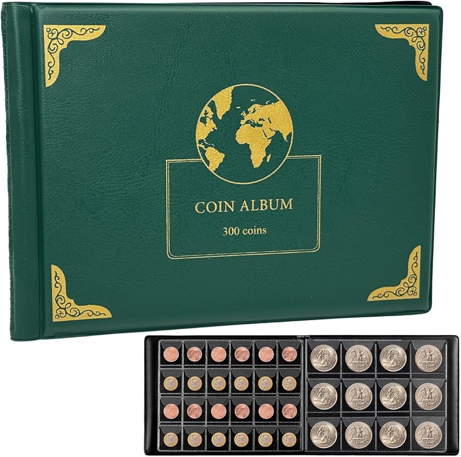 スーベニアメダルケース コインアルバム 300枚収納 メダル収納ケース 記念硬貨 古銭 金貨 記念メダル 収集ファイル (グリーン)