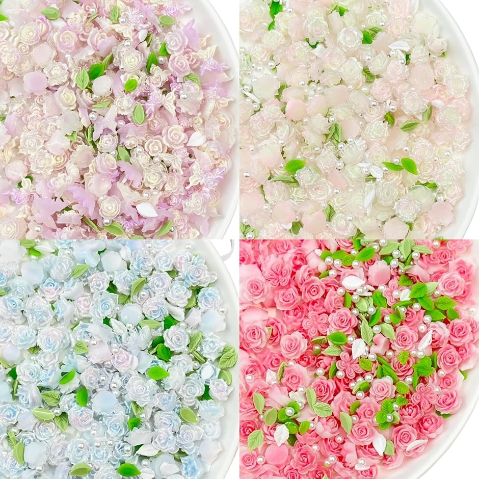 花 アクリル樹脂パーツ 4色約200個セット 樹脂製 バラ 立体的 オシャレ 小物 アクセサリー (バラ,  4mm - 10mm)