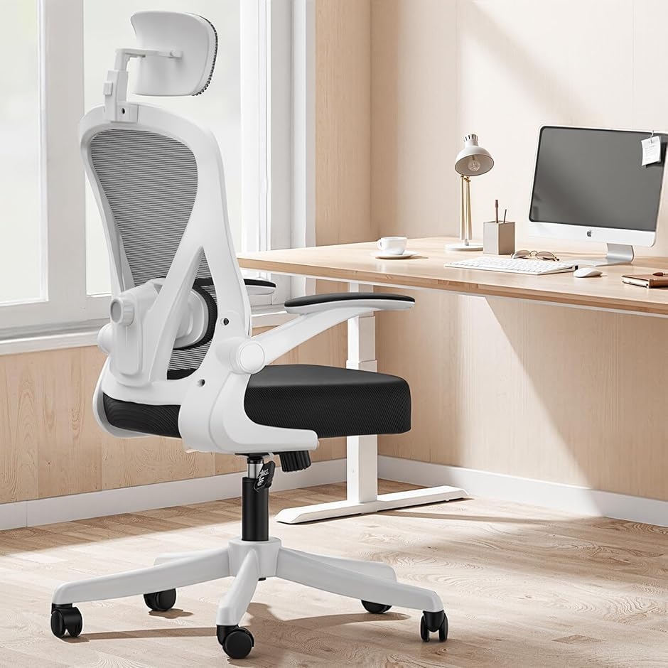 オフィスチェア メッシュ デスクチェア ヘッドレスト上下調節 腰サポート多段調節 9cm厚クッション 人間工学 (ホワイト,  大型)