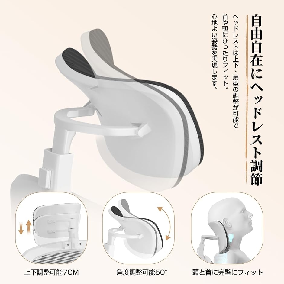 オフィスチェア メッシュ デスクチェア ヘッドレスト上下調節 腰サポート多段調節 9cm厚クッション 人間工学 (ホワイト,  大型)の画像
