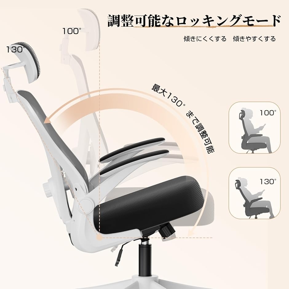 オフィスチェア メッシュ デスクチェア ヘッドレスト上下調節 腰サポート多段調節 9cm厚クッション 人間工学 (ホワイト,  大型)の画像