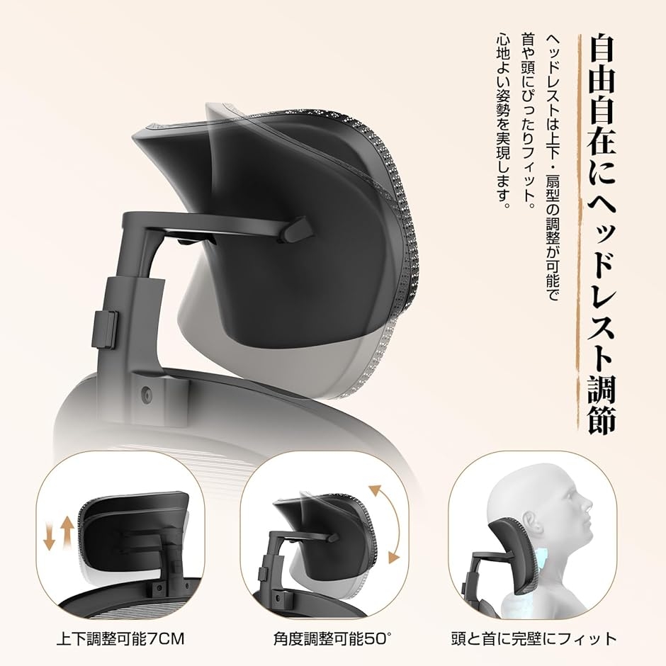 オフィスチェア メッシュ デスクチェア ヘッドレスト上下調節 腰サポート多段調節 9cm厚クッション 人間工学 (ブラック,  大型)の画像