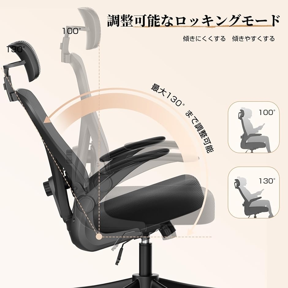 オフィスチェア メッシュ デスクチェア ヘッドレスト上下調節 腰サポート多段調節 9cm厚クッション 人間工学 (ブラック,  大型)の画像