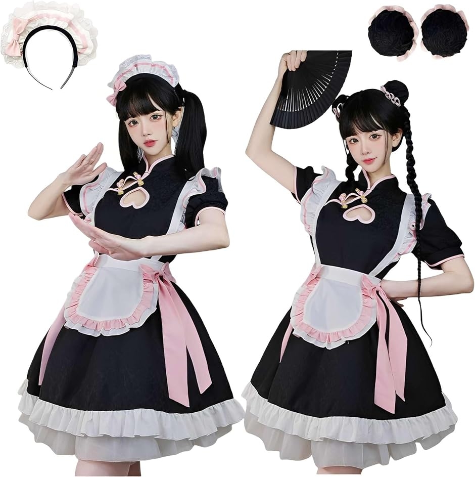 チャイナ服 コスプレ かわいい チャイナドレス メイド服 コスチューム 衣装 ハート 大きいサイズ ハロウィン 仮装 萌え (Mサイズ)
