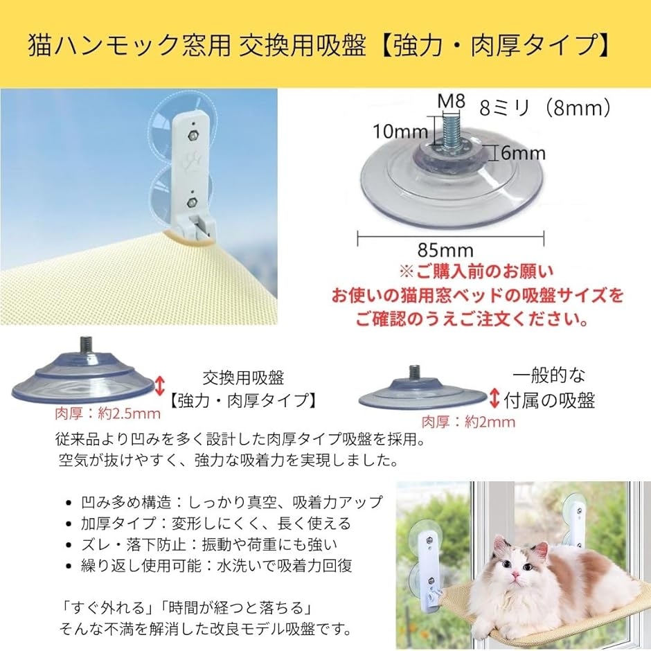 猫 窓用ハンモック 交換吸盤 強力・肉厚タイプ 4個セット 吸盤のみ M8