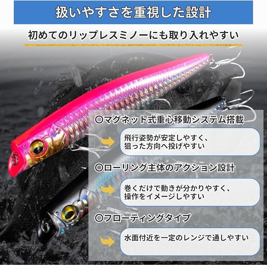 シーバスルアー リップレスミノー フローティング シャロー 21g (3本