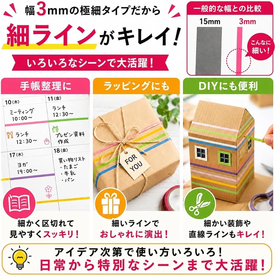 マスキングテープ 極細 3mm 12色 24本セット 大容量 手で切れる 剥がし