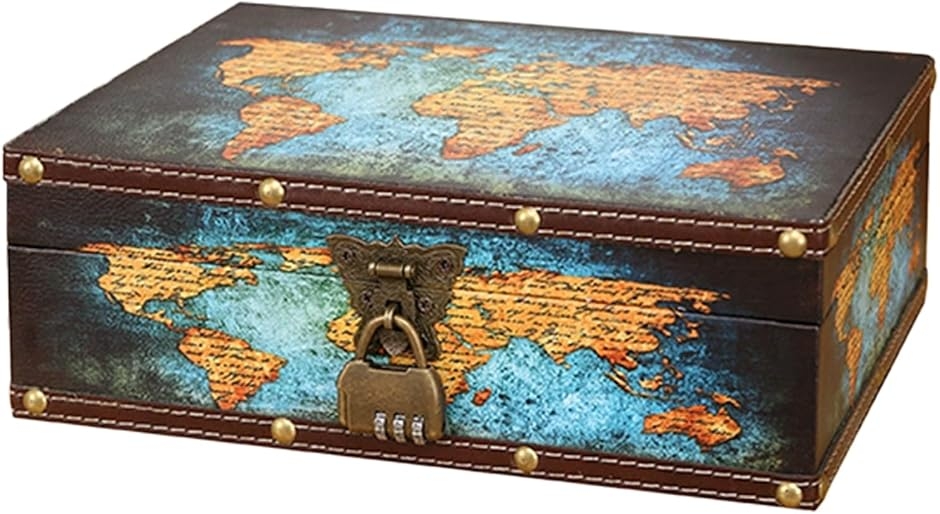 宝箱 鍵付き 木箱 小物入れ ダイヤル錠付き 木製 鍵付き箱 金庫 世界