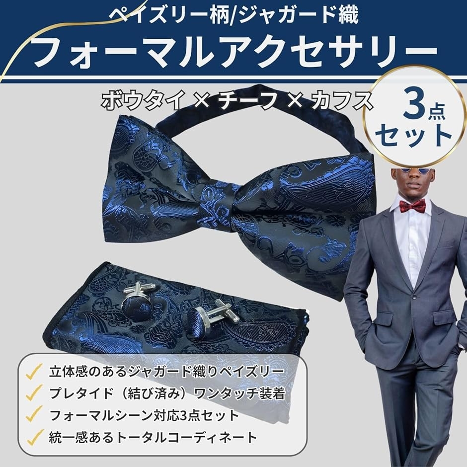 蝶ネクタイ ポケットチーフ カフスボタン 3点セット ペイズリー柄