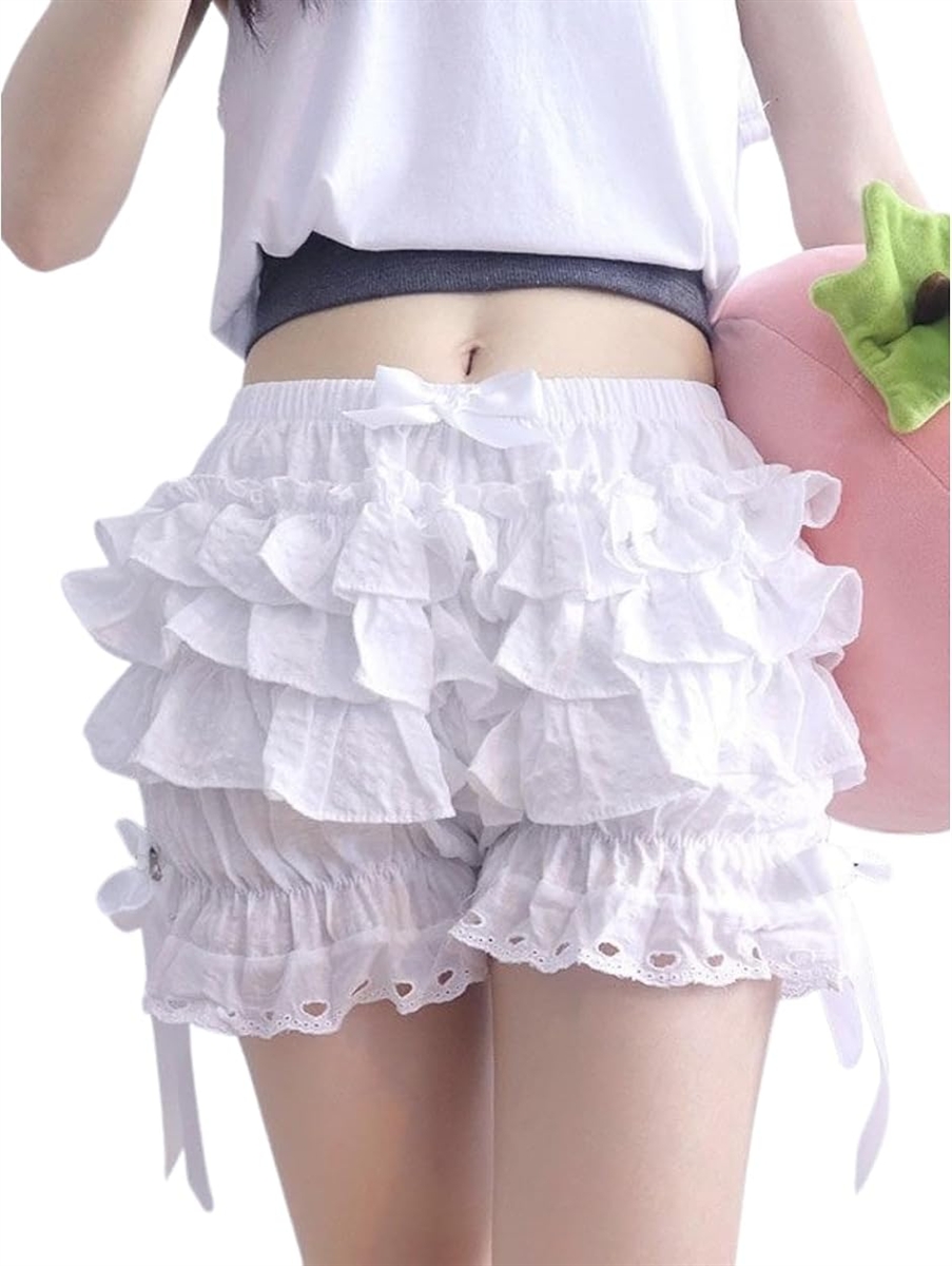 見せパン フリル かぼちゃパンツ リボン付き ペチパンツ レディース ロリータ インナーパンツ 下着 透け防止 3段 MDM (ホワイト,  L)