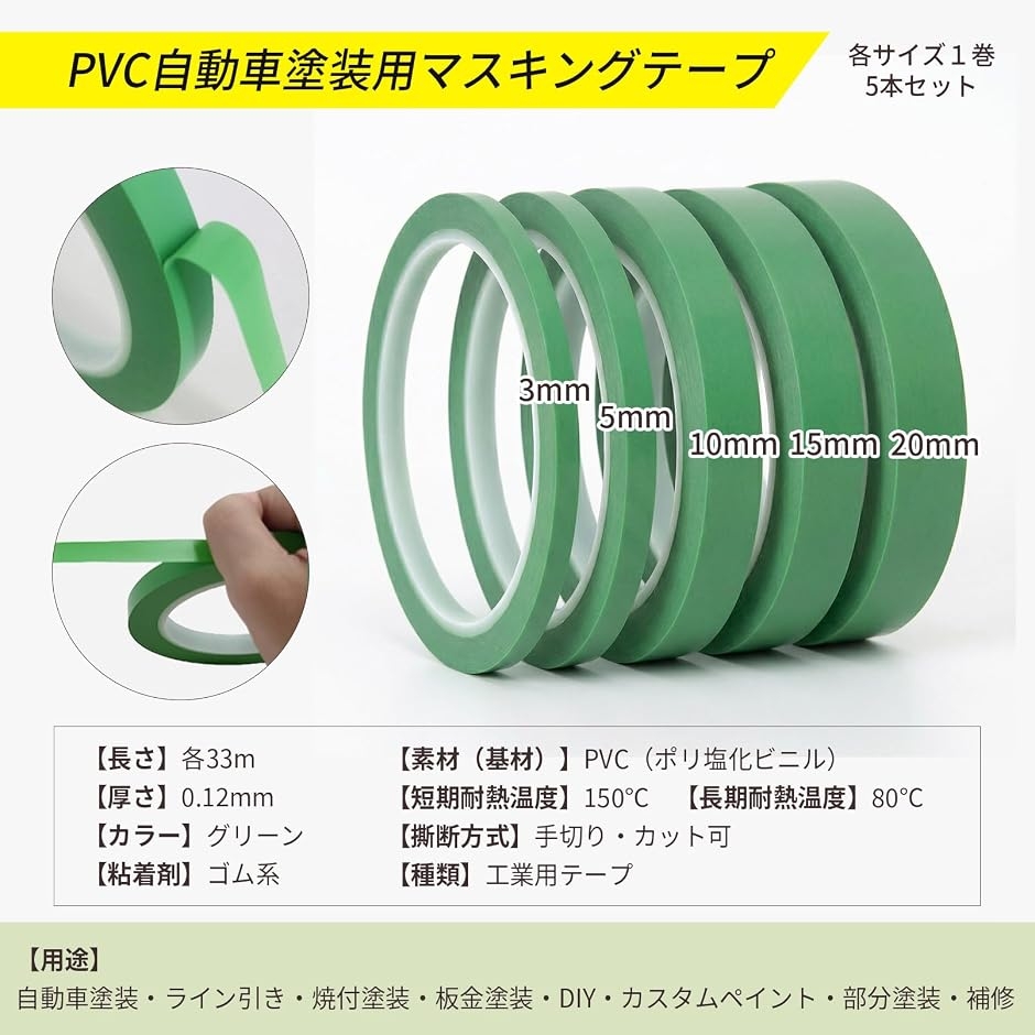 PVC マスキングテープ 自動車 塗装用 耐熱 耐溶剤 ライン引き 計5巻