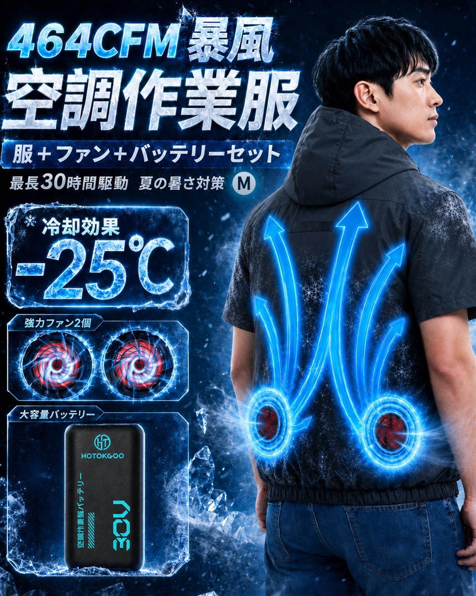 空調作業服 セット 半袖 フード付き ファンバッテリーセット219L/s超大