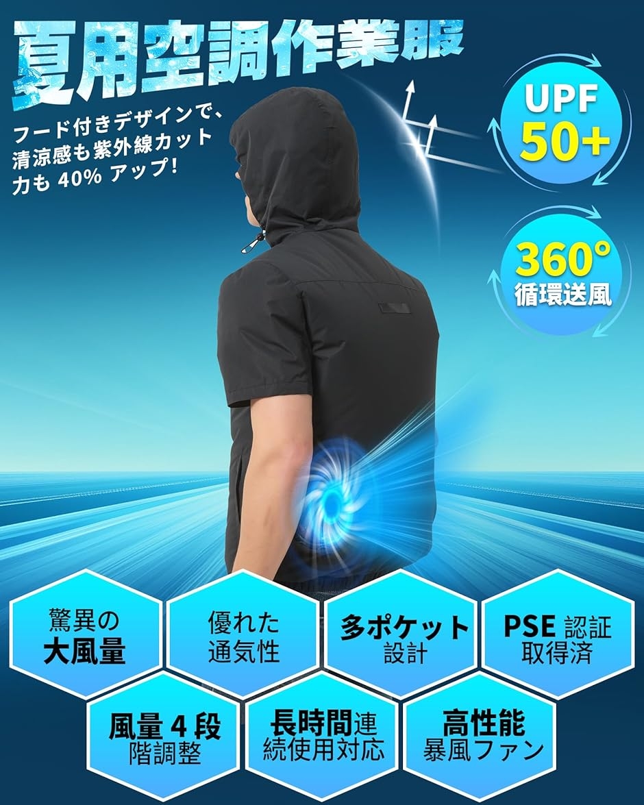 空調作業服 セット 半袖 フード付き ファンバッテリーセット219L/s超大