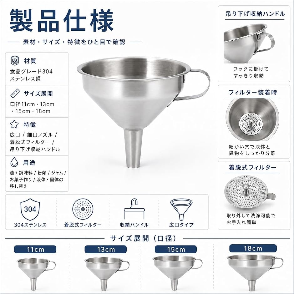 漏斗 ステンレス じょうご フィルター付 304ステンレス 濾過器 広口 液体 固体 移し替え 錆びにくい 掃除簡単 (口径11cm) 関連画像1