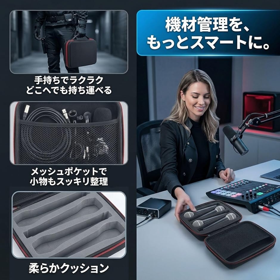 マイクケース 4本 ハードケース マイクポーチ 衝撃吸収 ウレタン
