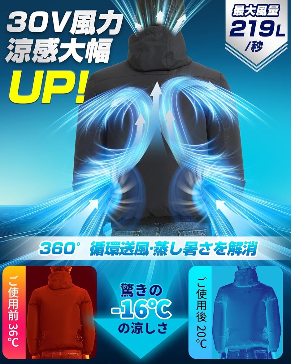 空調作業服 ベスト 半袖 長袖 フード付き ファンバッテリーセット 219L 