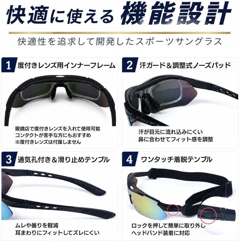 スポーツサングラス 偏光レンズ 交換レンズ5枚セット 度付きインナー