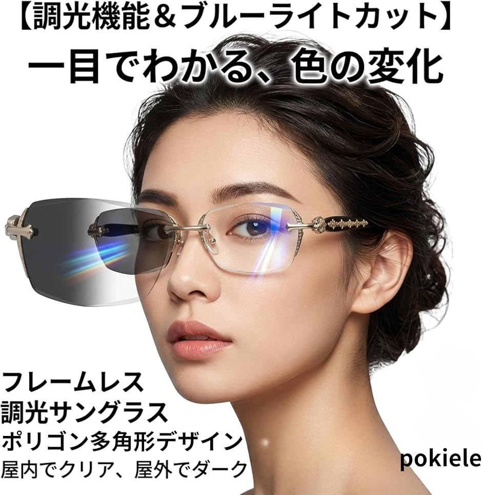 調光メガネ ブルーライトカット リムレス 伊達眼鏡 スクエア (シルバー