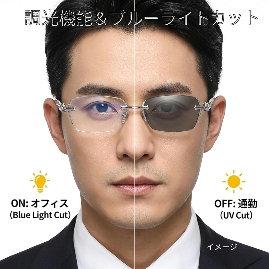 調光メガネ ブルーライトカット リムレス 伊達眼鏡 スクエア (ゴールド