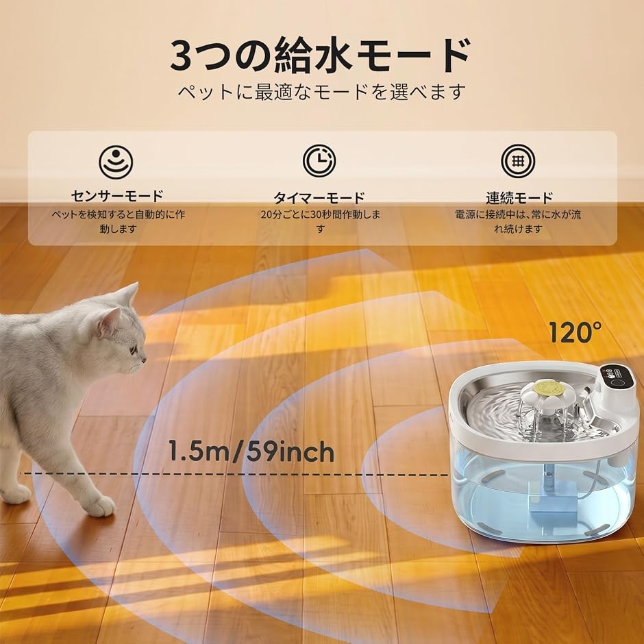 ワイヤレス猫用自動給水器 95fl-oz/2.8L ステンレス製トレイ・充電式