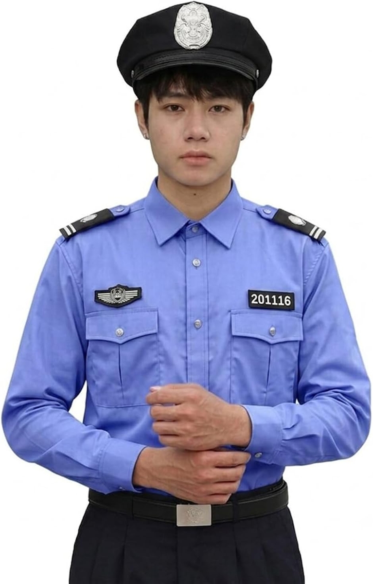 本格 ポリス コスプレ 2点セット帽子 + 長袖シャツ 警察官 警官 警備員 制服 メンズ 舞台 演劇 衣装 (ブルー,  175/XL)