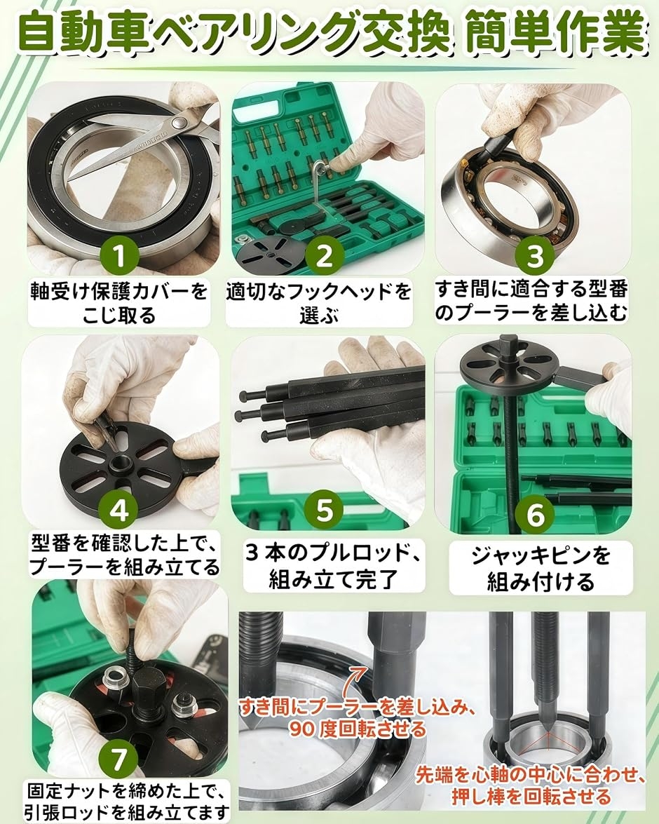 ベアリングプーラー 3トン対応 内掛け外掛け両用 6種アダプター付属