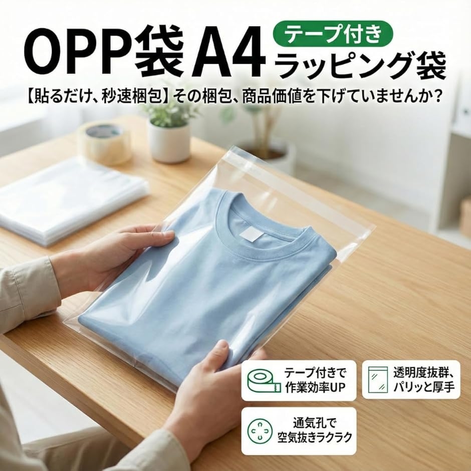 OPP袋 A4 透明 テープ付き ラッピング袋 大判 貼るだけ、秒速梱包 梱包