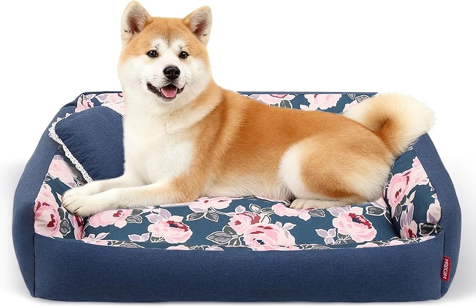 ペットベッド 桜 日系花柄デザイン 取り外せる洗える ふわふわ柔らかクッション 滑り止め (ピンク花柄, 82 x 65cm (L))