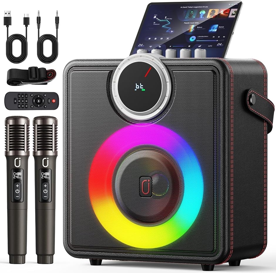 スピーカーセット 拡声器 ワイヤレスマイク２本 Bluetooth5.3対応 高低音強化機能搭載 充電式 ポータブル 会議 (ブラック)