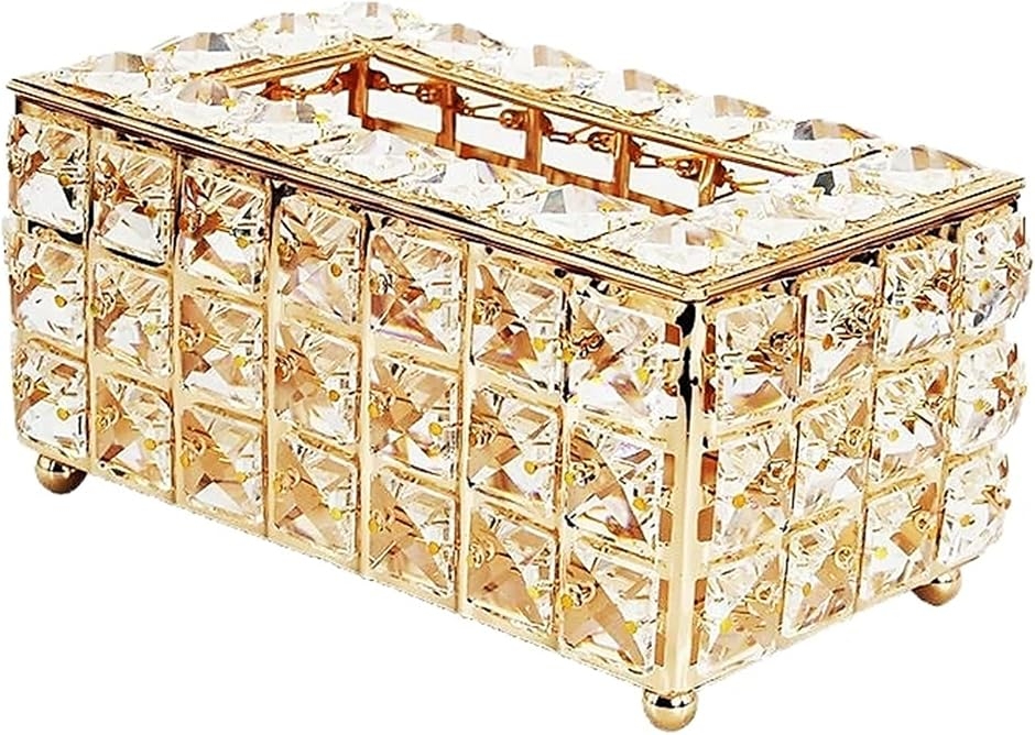 クリスタル ティッシュケース ティッシュボックス キラキラ クリア 透明 小物入れ (ゴールド,  約12cmx約13cmx約23cm)