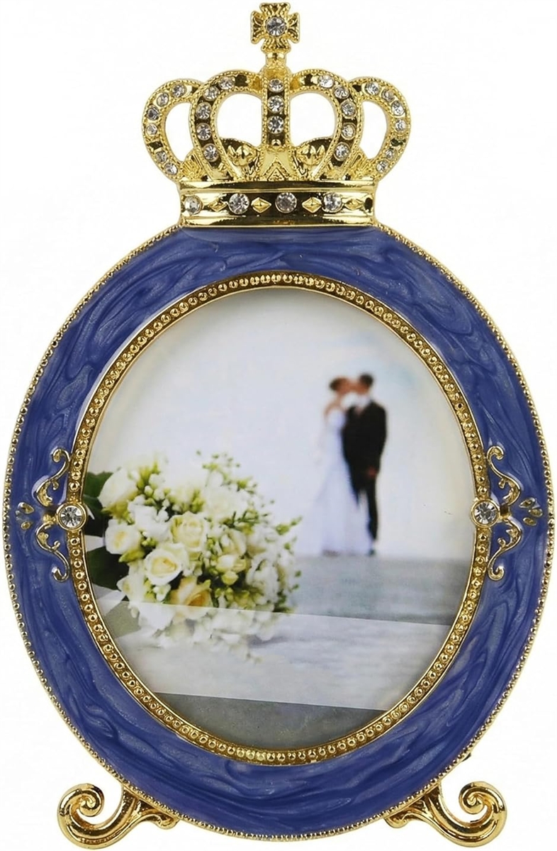 フォトフレーム 写真立て 王冠 おしゃれ 推し活 ミニサイズ アンティーク調 結婚祝い チェキ対応 エレガント インテリア (ブルー)