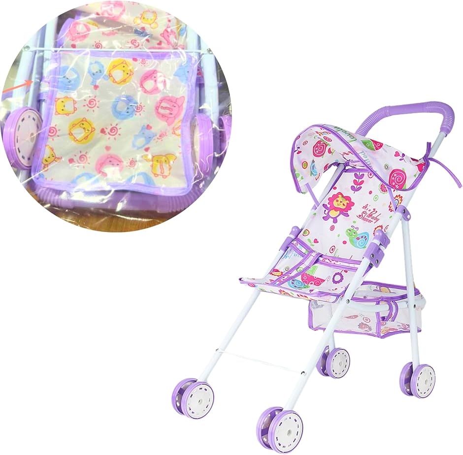 人形用 ベビーカー ドール バギー 子ども 知育玩具 ごっこ遊び 折り畳み 省スペース 小物 収納 ポケット かご付き 軽い (パープル)