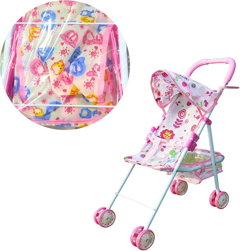 人形用 ベビーカー ドール バギー 子ども 知育玩具 ごっこ遊び 折り畳み 省スペース 小物 収納 ポケット かご付き 可愛い (ピンク)
