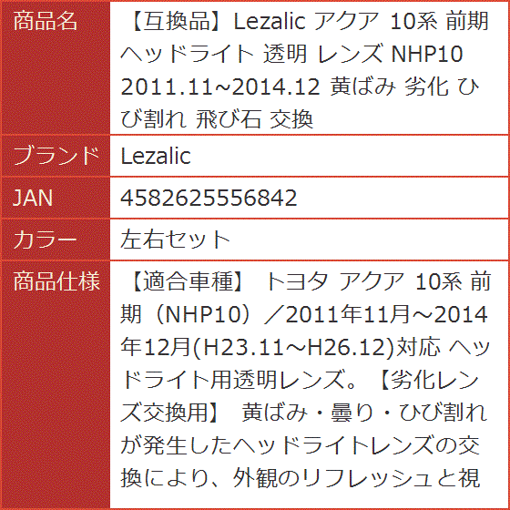 【互換品】 アクア 10系 前期 ヘッドライト 透明 レンズ NHP10 2011.11〜2014.12 黄ばみ 劣化 飛び石 (左右セット)の画像