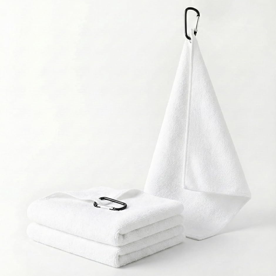 ゴルフタオル 2枚セット カラビナ付き 吸水速乾 マイクロファイバー ゴルフ用品 (ホワイト,  フリー)