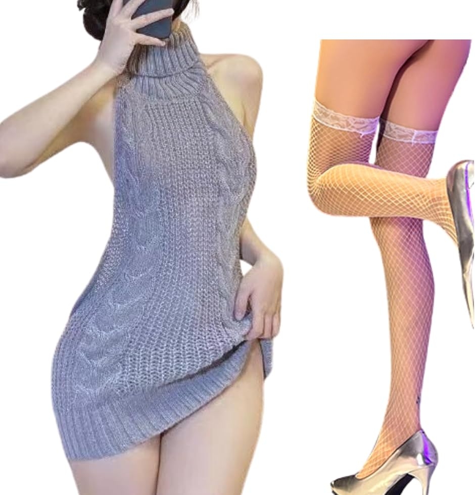 背中開き セクシー ニット ミニ ワンピ 大きいサイズ レディース ノースリーブ バックレス タートルネック 伸縮 (グレー，Eセット)