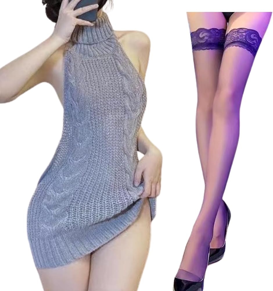 背中開き セクシー ニット ミニ ワンピ 大きいサイズ レディース ノースリーブ バックレス タートルネック 伸縮 (グレー，Aセット)