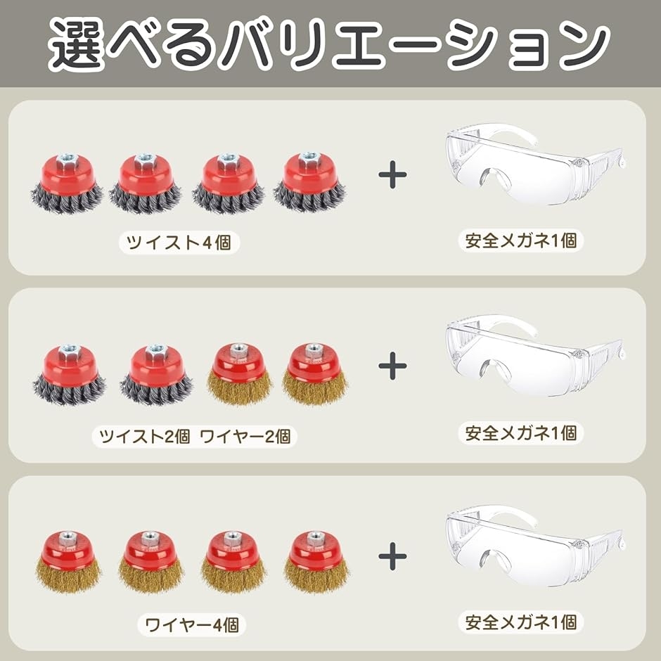 ワイヤーブラシ カップブラシ 安全メガネ付属 ディスクグラインダー用 ワイヤーブラシ カップブラシ 安全メガネ付属 ディスクグラインダー用