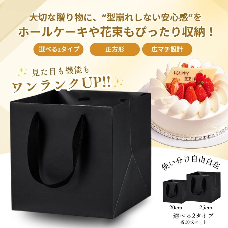 紙袋 手提げ ギフト用 マチ広 ギフトバッグ 大 黒 正方形 10枚 セット