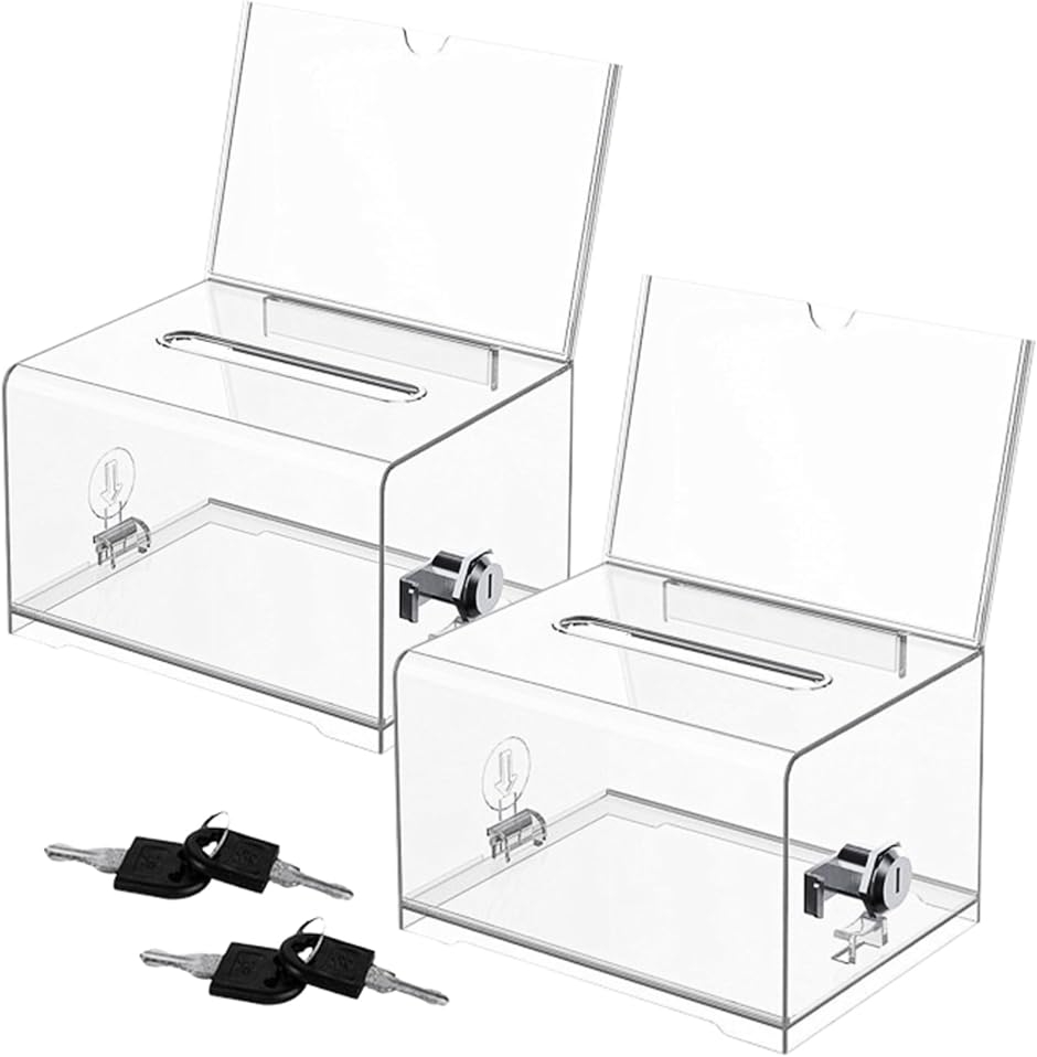 鍵付きアクリルボックス 2個セット 投票箱 意見箱 募金箱 貯金箱 アンケート 透明 ケース 書類整理 施錠 (クリア,  ワンサイズ)