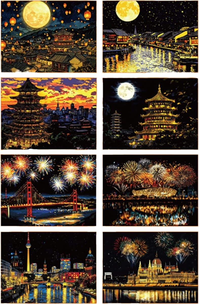 スクラッチアート A4 夜景 観光地 花火 川 絵画 8枚セット 竹ペン付き