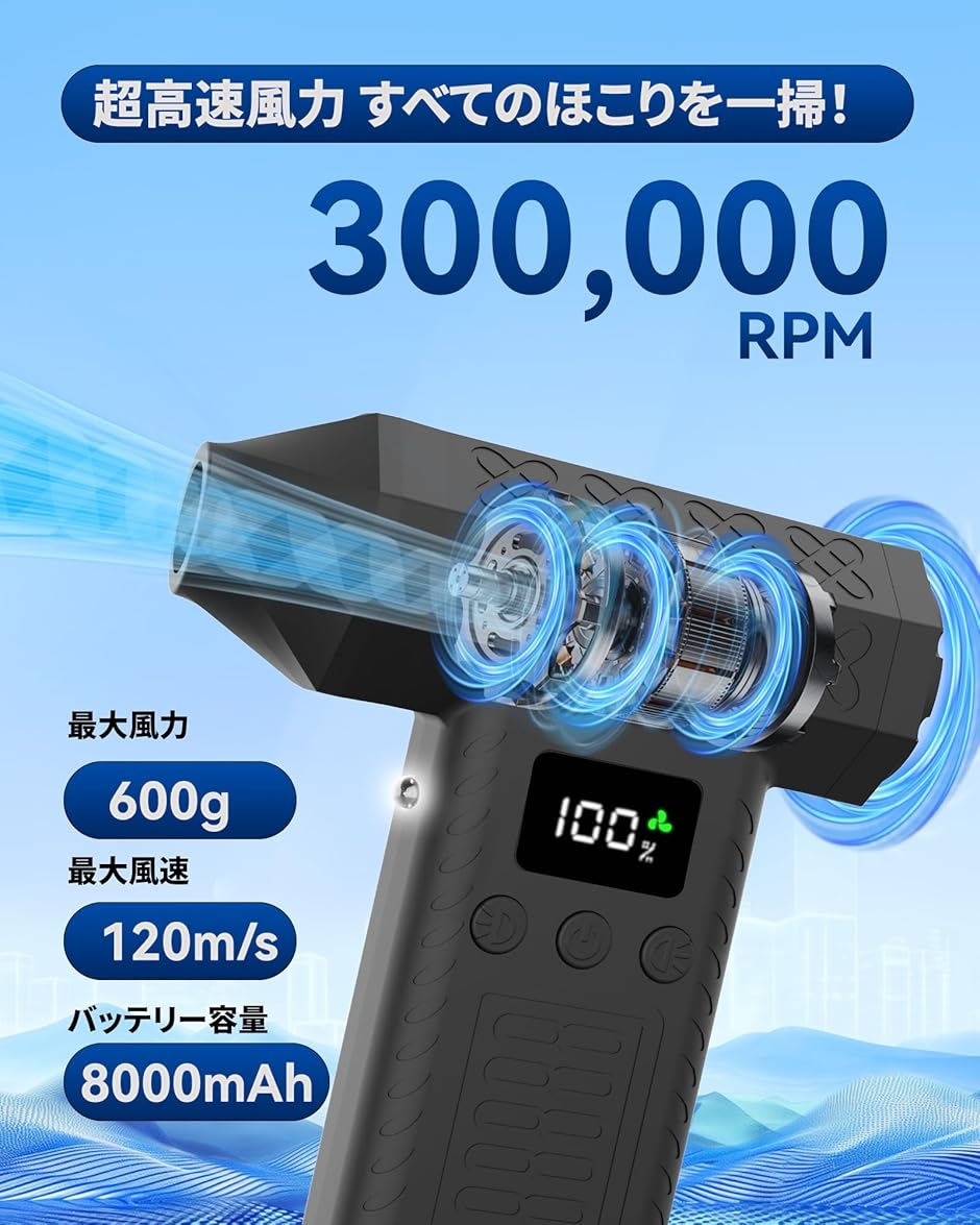 洗車 ブロワー 最強 300000rpm・3段風量調整・最大風速120m/s・8000mAh 