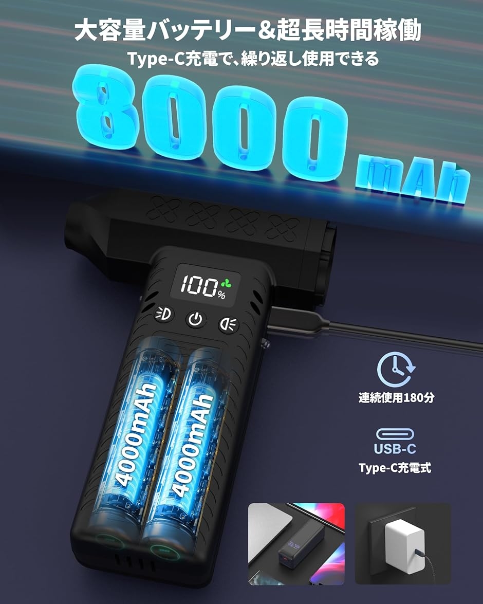 洗車 ブロワー 最強 300000rpm・3段風量調整・最大風速120m/s・8000mAh 