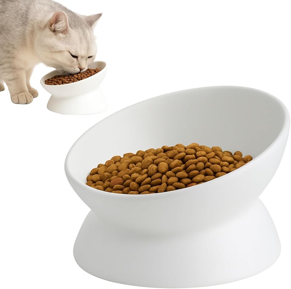 フードボウル 餌入れ 斜め設計で食べやすい 猫 小型犬 皿 えさ 水飲み 食器 おしゃれ かわいい ペット (ホワイト)