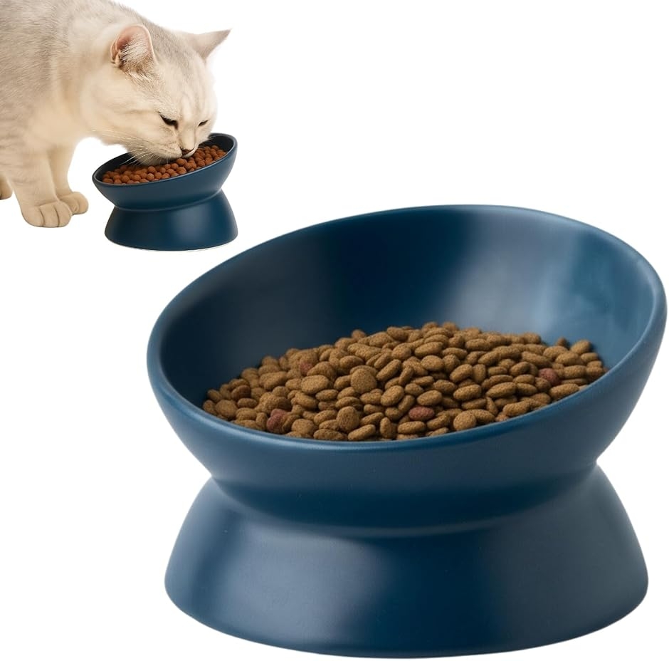フードボウル 餌入れ 斜め設計で食べやすい 猫 小型犬 皿 えさ 水飲み 食器 おしゃれ かわいい ペット (ディープブルー)