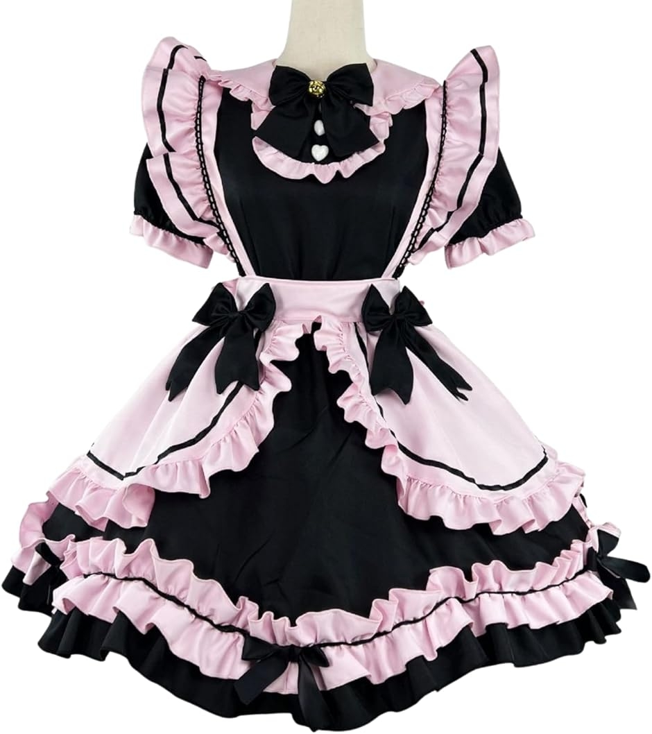 メイド服 ウェイトレス コスプレ ゴスロリ 半袖 可愛い ピンク ブラック ハロウィン 仮装 (ブラック/ピンク,  L)