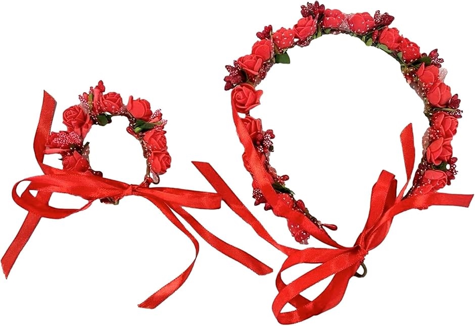 Yahoo! Yahoo!ショッピング(ヤフー ショッピング)花冠 花かんむり 髪飾り 腕飾り 2点セット パーティー 結婚式 写真撮影 ウェディング ダンス 衣装（レッド,  Free Size）